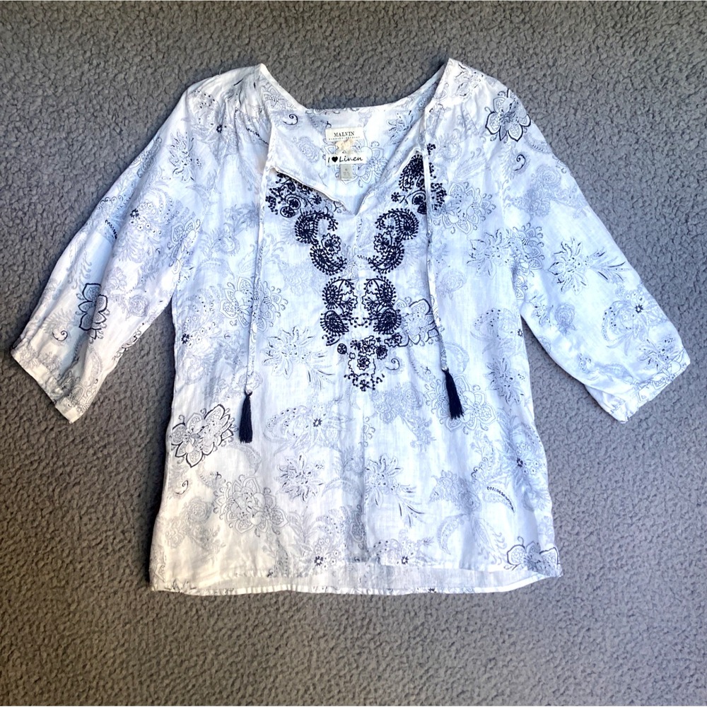 Malvin Pure Linen White Navy Embroidered Tassel Tie Tunic Top Germany Womens S 6